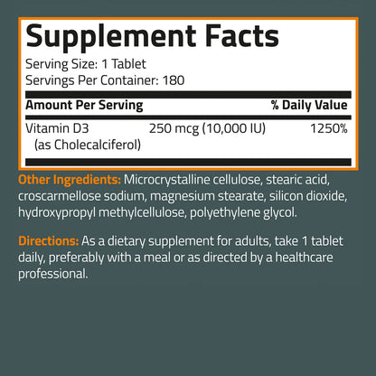 Bronson Vitamin D3 10,000 IU (250 mcg) - Immune Support, Healthy Muscles, Non-GMO, 180 Tablets