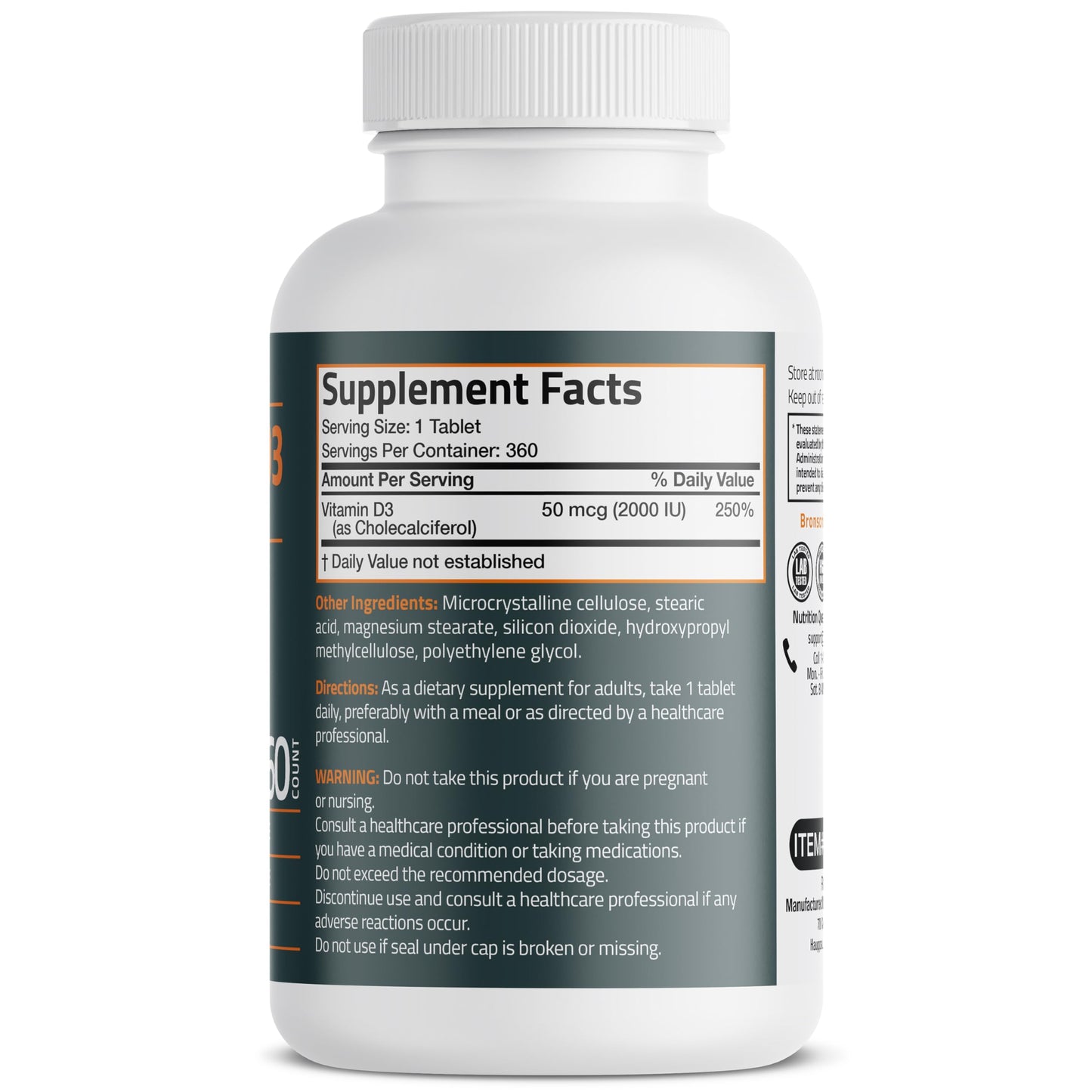 Bronson Vitamin D3 2000 IU (50 mcg) Non-GMO, 360 Tablets