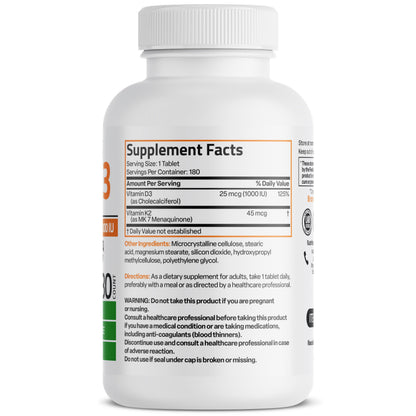 Bronson Vitamin K2 MK-7 with D3 Minis (180 Mini Tablets) - 45 mcg K2, 1000 IU D3