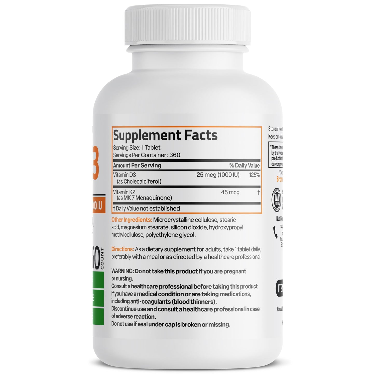 Bronson Vitamin K2 MK-7 with D3 Minis – 45 mcg K2, 1000 IU D3, 360 Mini Tablets