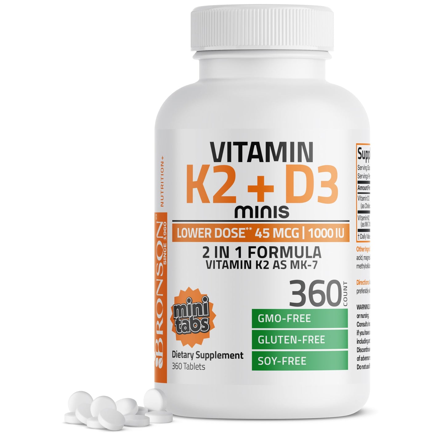 Bronson Vitamin K2 MK-7 with D3 Minis – 45 mcg K2, 1000 IU D3, 360 Mini Tablets