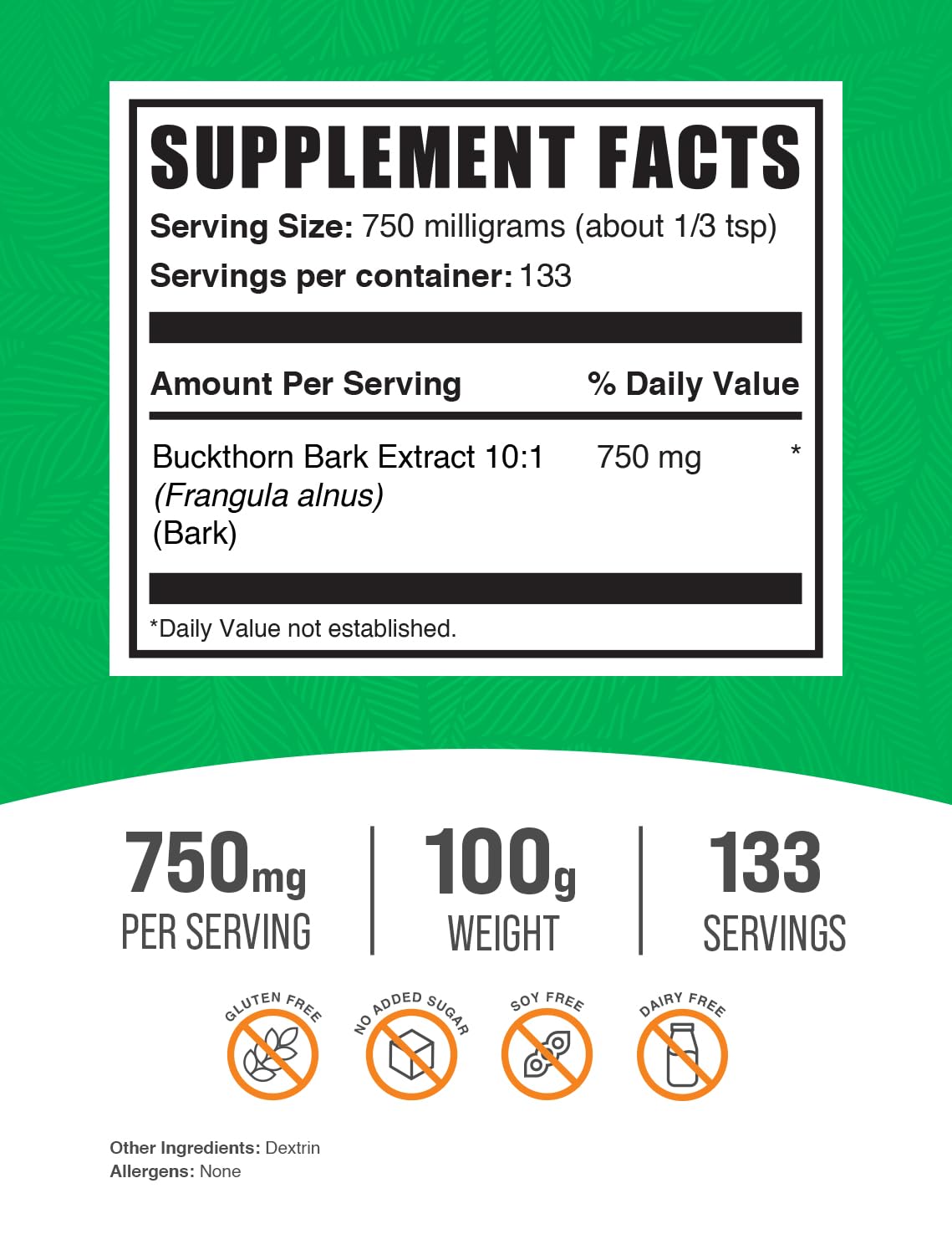Buckthorn Bark Extract Powder – 750mg per Serving, 100g (3.5 oz) | Vegan & Gluten Free | BulkSupplements.com