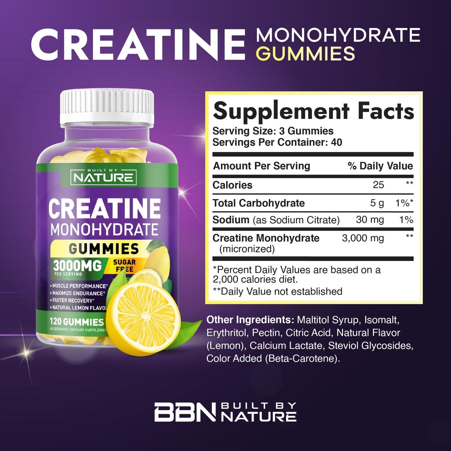 Built by Nature Sugar Free Creatine Monohydrate Gummies – 120 Gummies | Lemon Pre-Workout for Men & Women