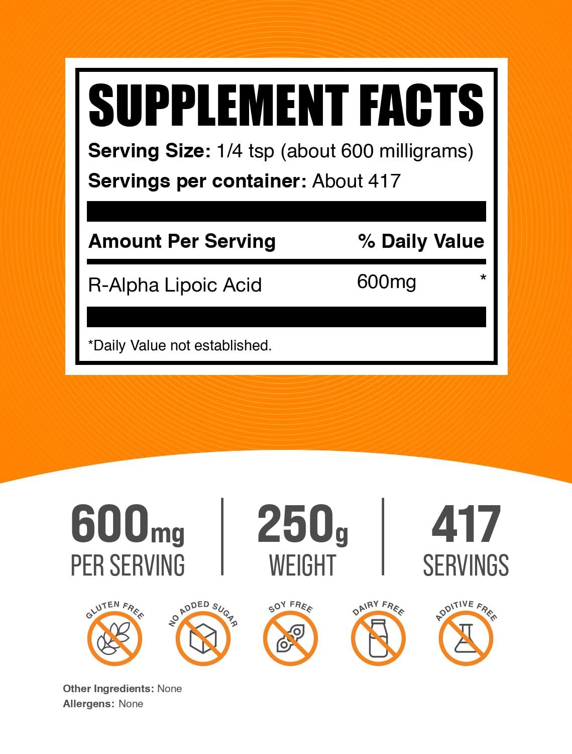 BulkSupplements R-Alpha Lipoic Acid Powder – 200 mg per Serving, 250 g | Gluten Free