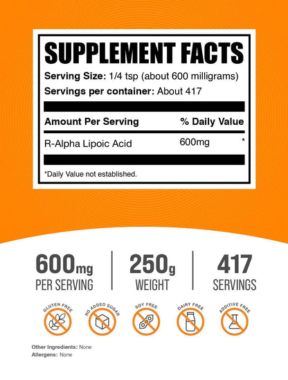 BulkSupplements R-Alpha Lipoic Acid Powder – 200 mg per Serving, 250 g | Gluten Free