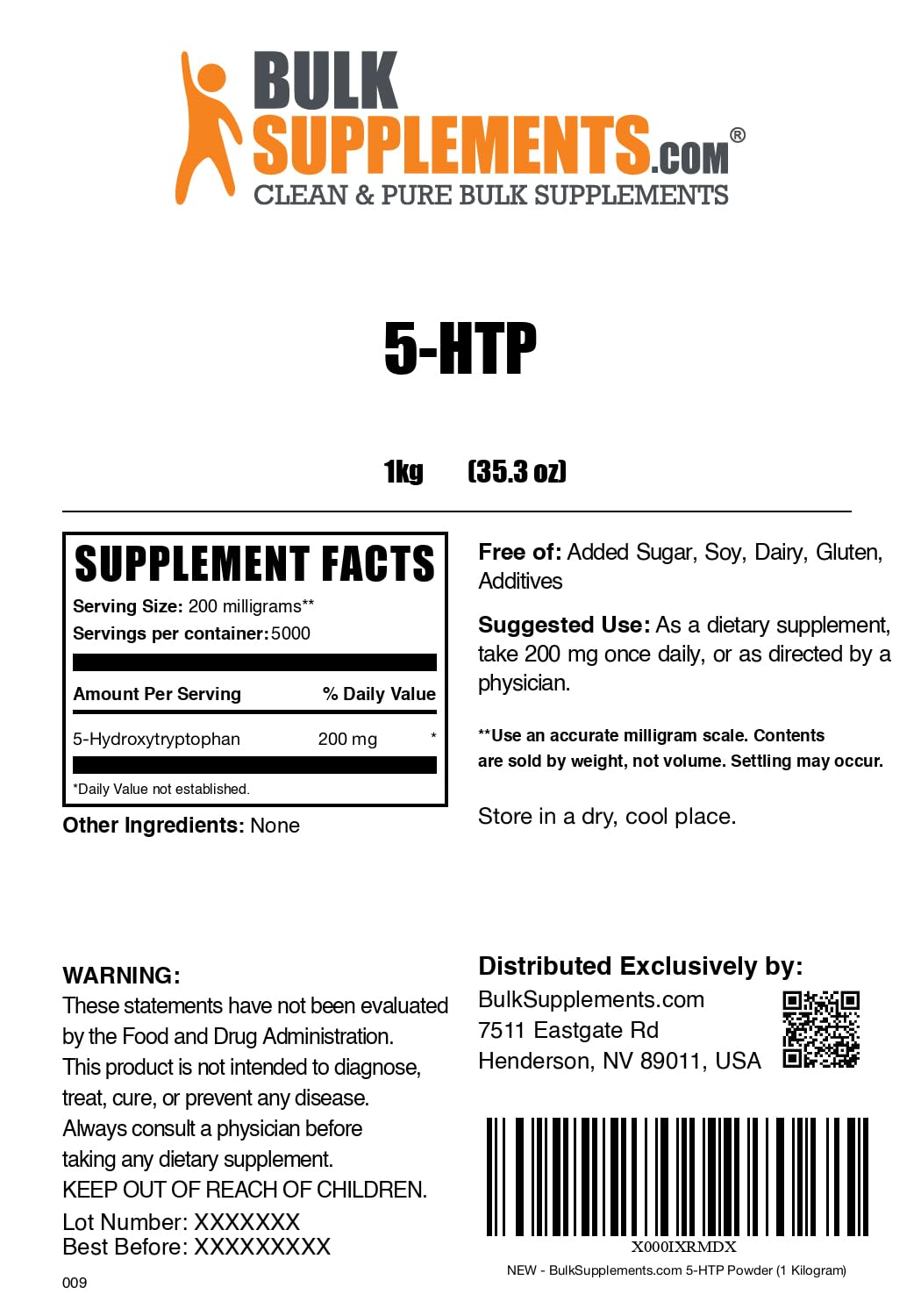 BulkSupplements 5-HTP Powder - 200 mg per Serving, 1 kg | Gluten Free Mood Support