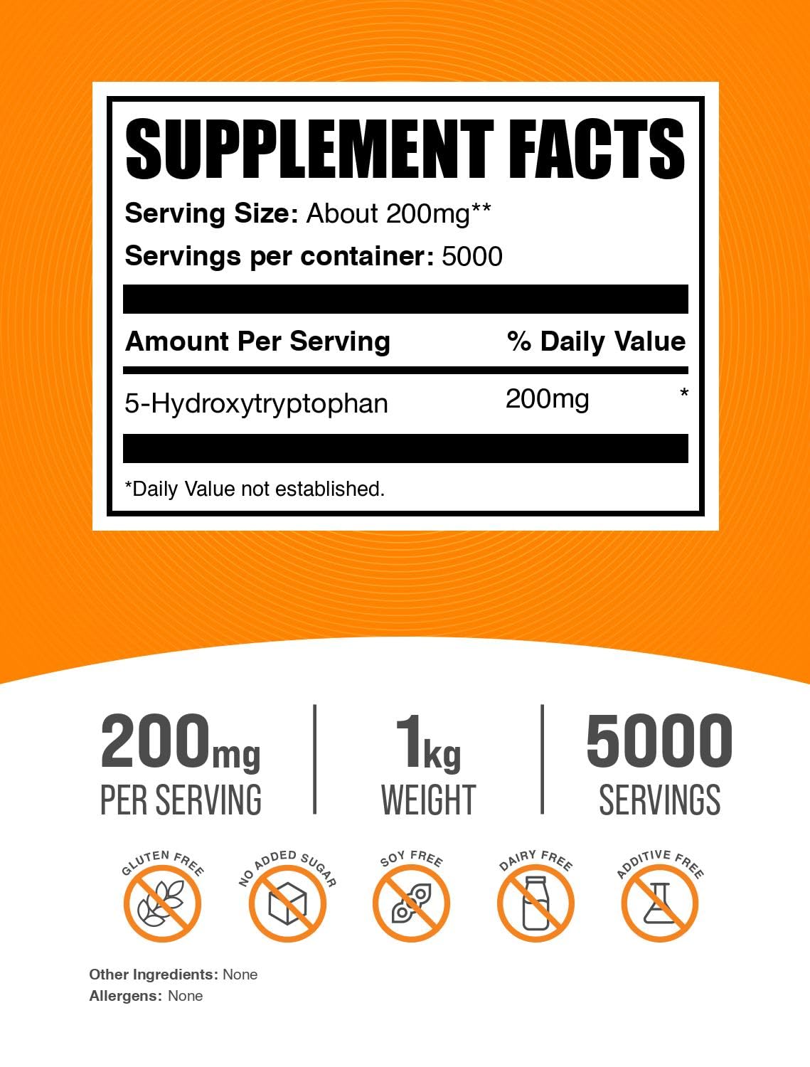 BulkSupplements 5-HTP Powder - 200 mg per Serving, 1 kg | Gluten Free Mood Support