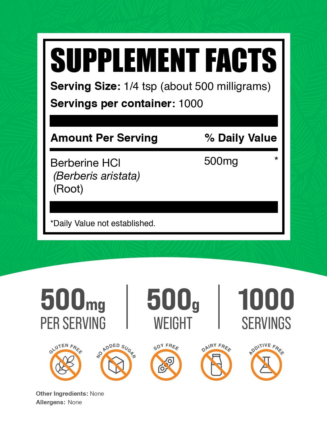 BulkSupplements Berberine HCl Powder – 500 mg per Serving, 500 g, Gluten Free