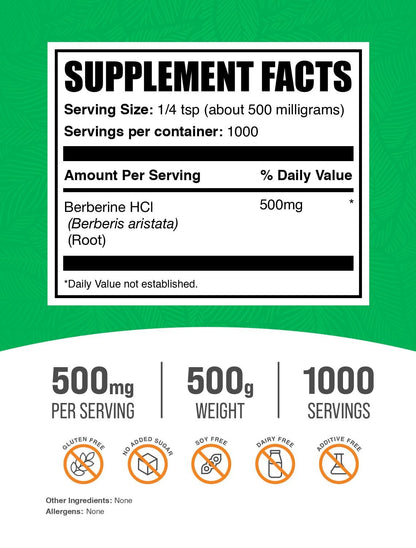 BulkSupplements Berberine HCl Powder – 500 mg per Serving, 500 g, Gluten Free