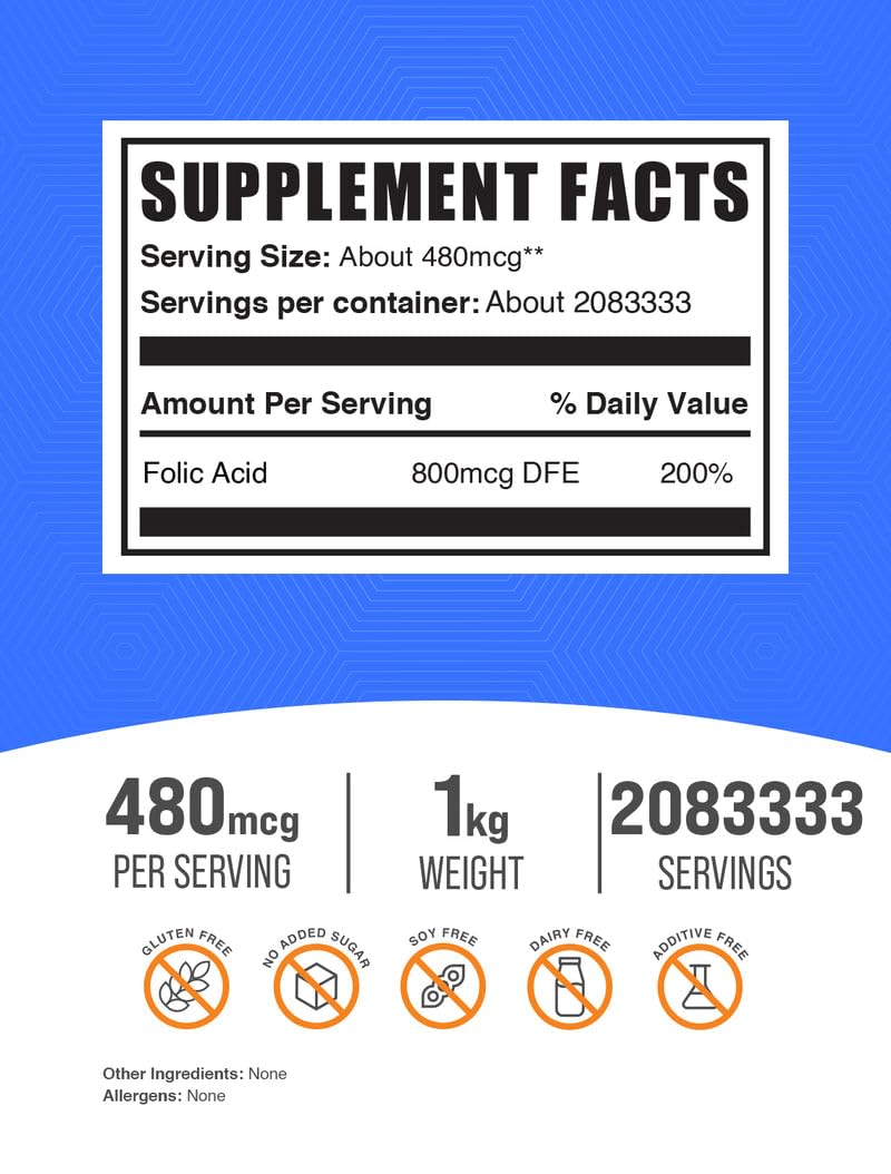 BulkSupplements Folic Acid Powder – Vitamin B9 (Gluten Free) 1kg (Pack of 1)