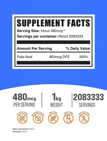 BulkSupplements Folic Acid Powder – Vitamin B9 (Gluten Free) 1kg (Pack of 1)