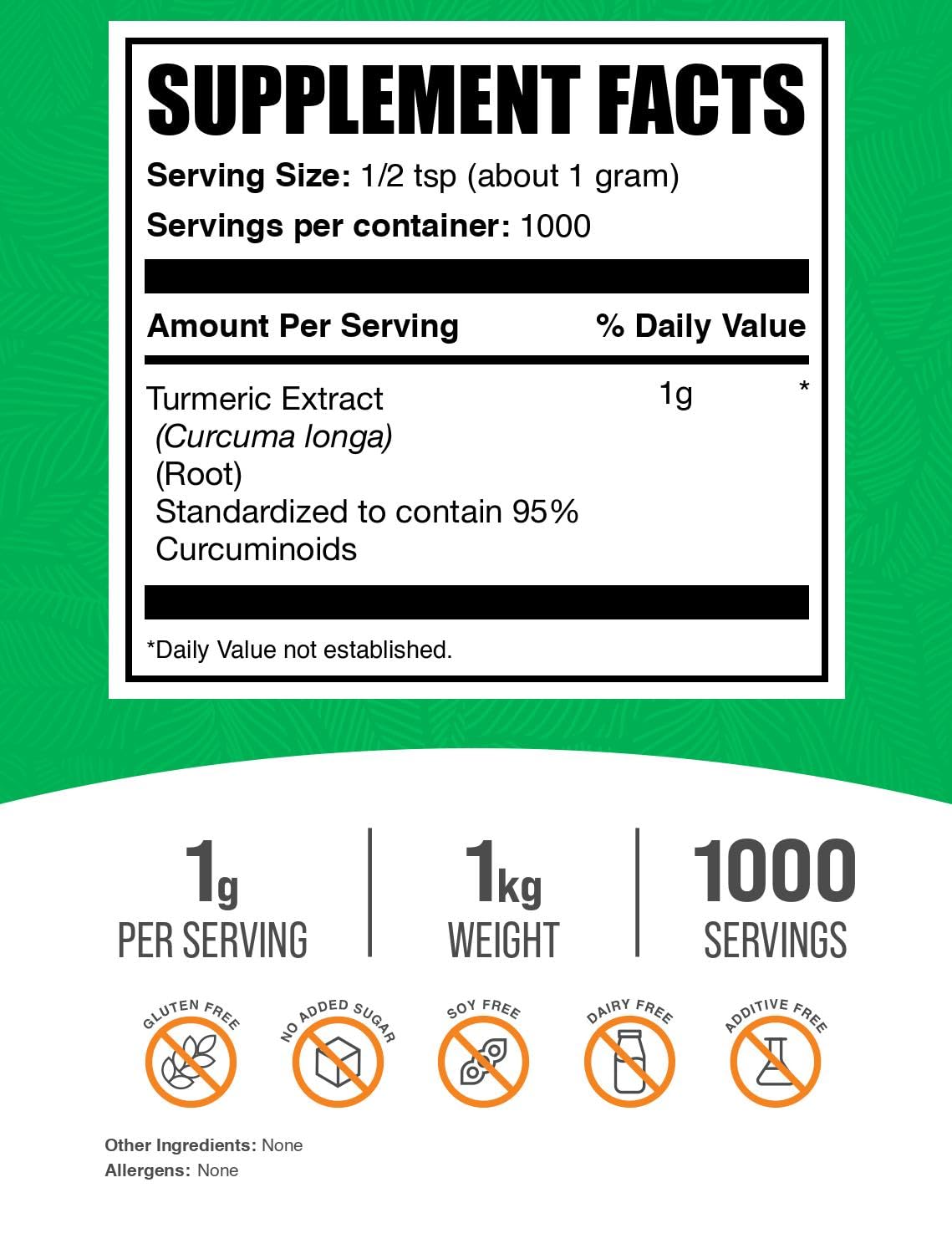 BulkSupplements Turmeric Extract Powder - Gluten Free, 1g per Serving, 1kg (2.2 lbs)