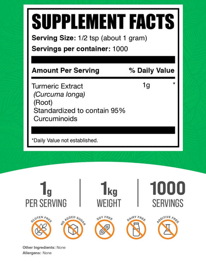 BulkSupplements Turmeric Extract Powder - Gluten Free, 1g per Serving, 1kg (2.2 lbs)