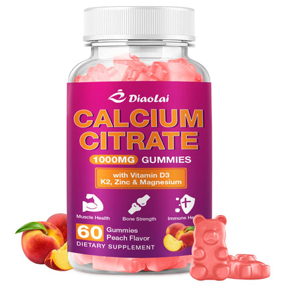 Calcium Citrate Gummies 1000mg - Vitamin D3 & K2 - Peach Flavor - 60 Gummies