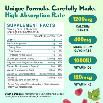1200mg Calcium Citrate Gummies with Vitamin D3 & K2 – Bone, Muscle & Immune Support | Raspberry
