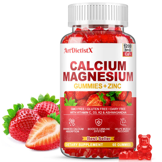 Calcium Magnesium Zinc Gummies with Vitamin D3 for Adults - 1200mg Calcium Citrate, K2, Boron, Copper, Ashwagandha | 60 Count