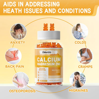 Calcium Magnesium Zinc Gummies with Vitamin D3 & K2 - High Potency, Orange-60 Count