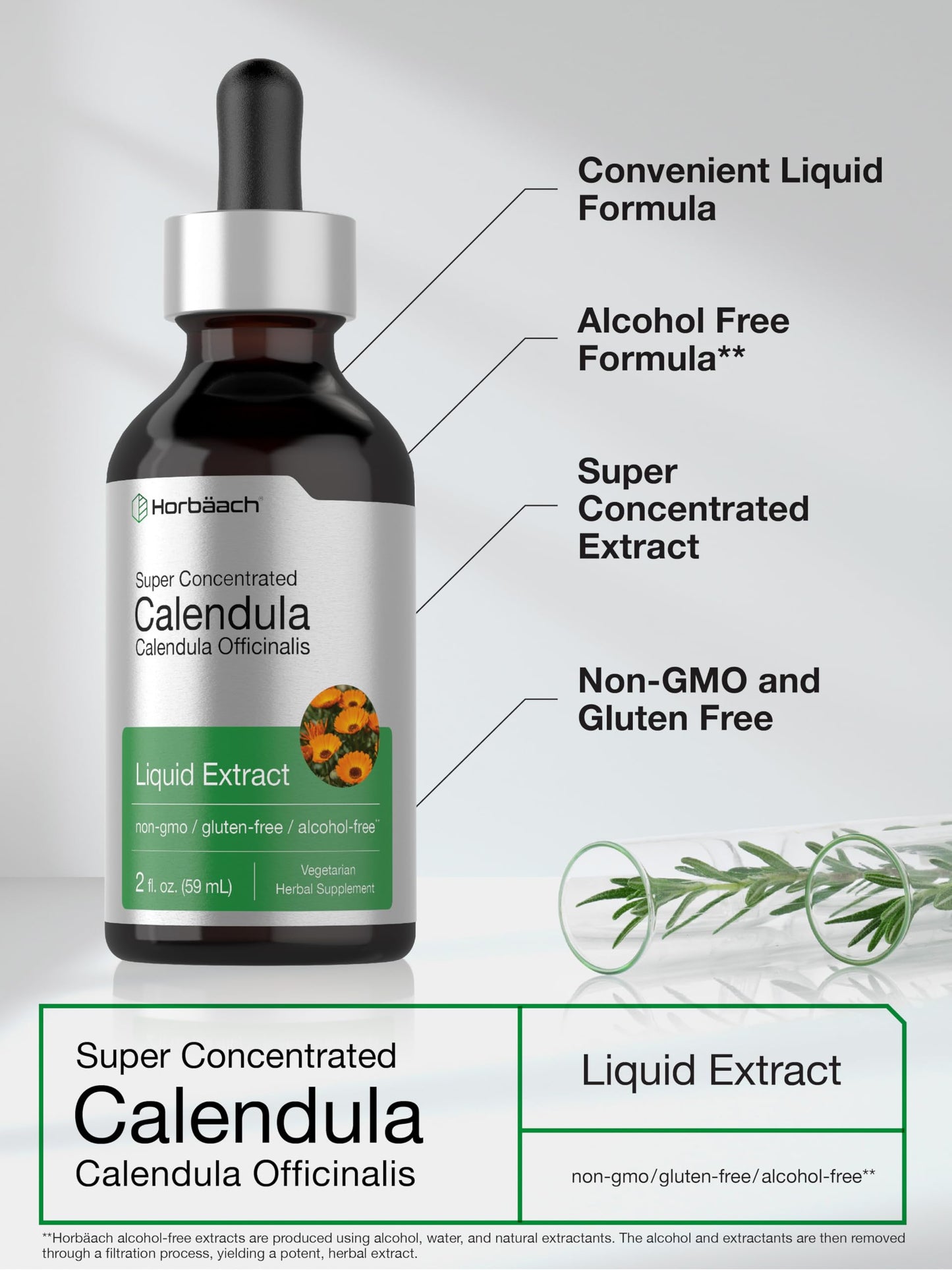 Horbäach Calendula Tincture - 2 fl oz Liquid Extract Drops | Alcohol Free, Vegetarian & Non-GMO