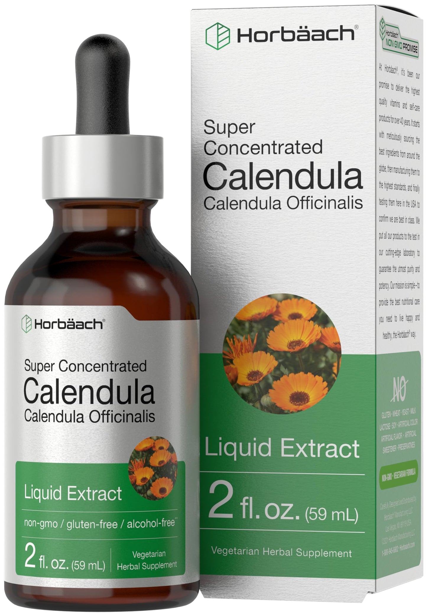 Horbäach Calendula Tincture - 2 fl oz Liquid Extract Drops | Alcohol Free, Vegetarian & Non-GMO