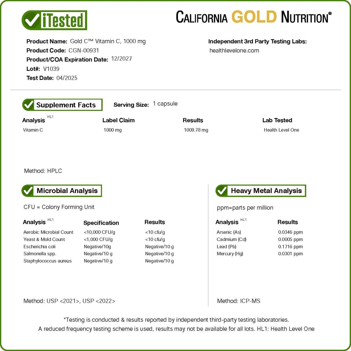 California Gold Nutrition Gold C® Vitamin C 1,000 mg, 60 Veggie Capsules