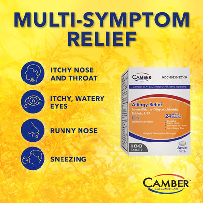 Camber Consumer Care Levocetirizine Dihydrochloride 5mg Tablets – All-Day Allergy Relief (180 Count)