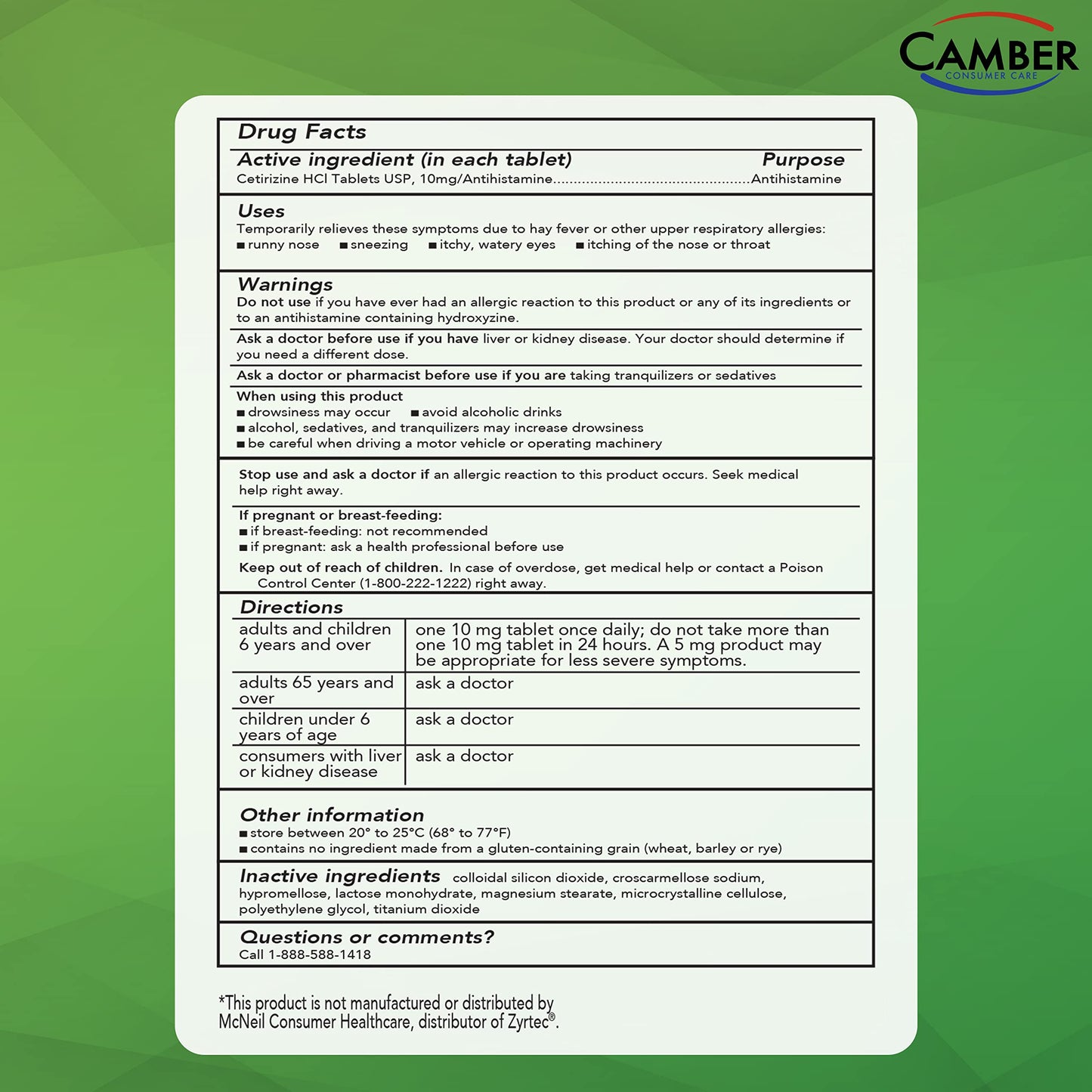 CAMBER PHARMACEUTICALS Cetirizine HCI 10mg – 24-Hour Allergy Relief (500 Count)