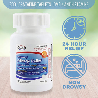 Camber Loratadine 10mg Allergy Pills - 24 Hour Non-Drowsy Relief (300 Tablets)