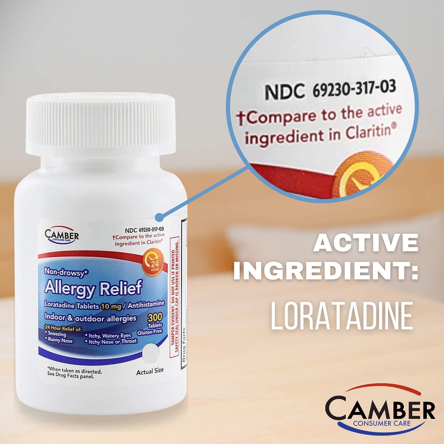 Camber Loratadine 10mg Allergy Pills - 24 Hour Non-Drowsy Relief (300 Tablets)