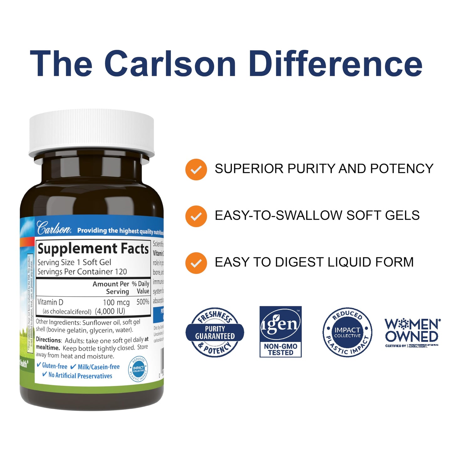 Carlson Vitamin D3 4000 IU (100 mcg) - 120 Softgels | Gluten Free