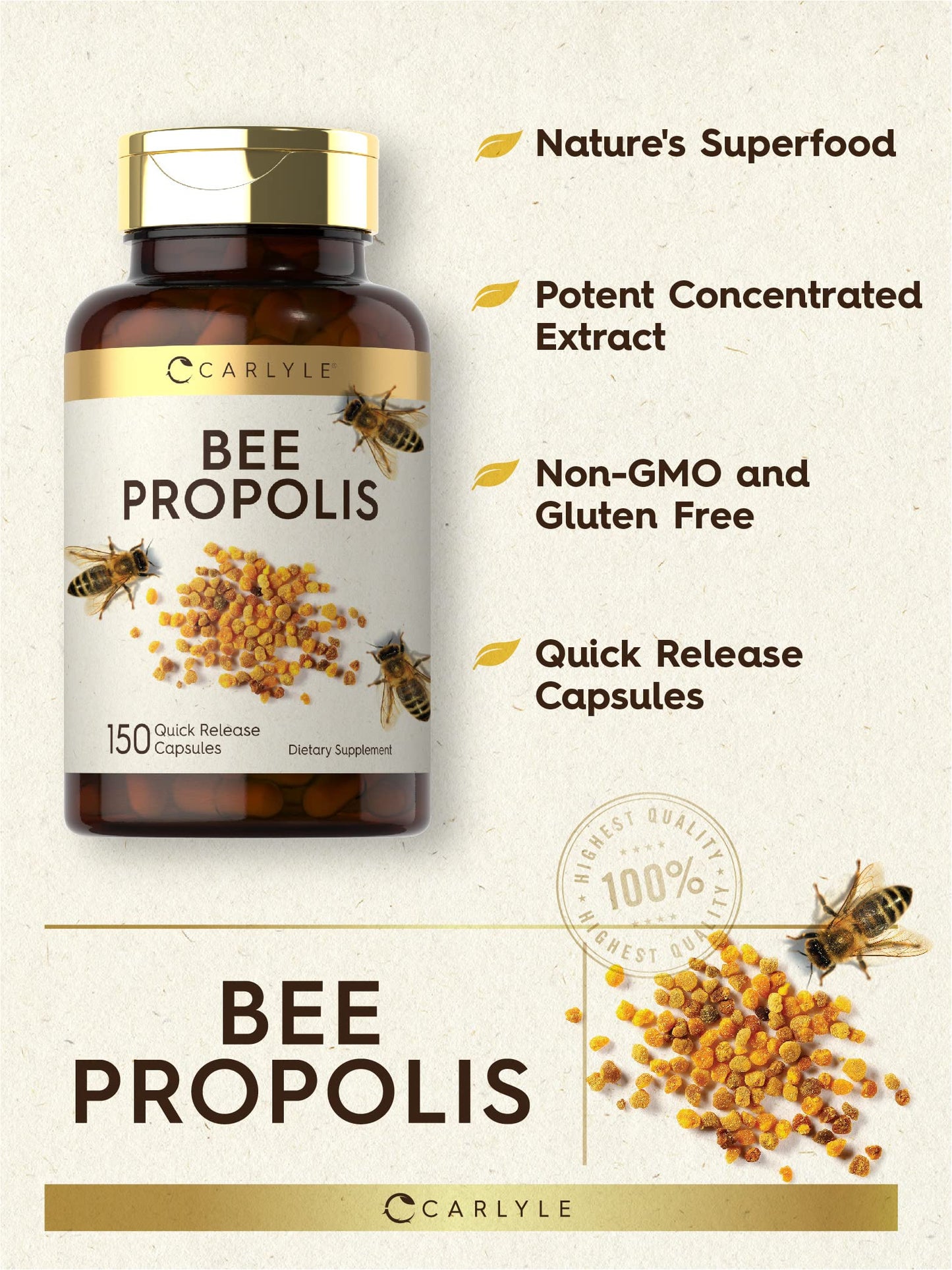 Carlyle Bee Propolis Capsules 600mg | 150 Count | Non-GMO, Gluten Free | Extract Supplement