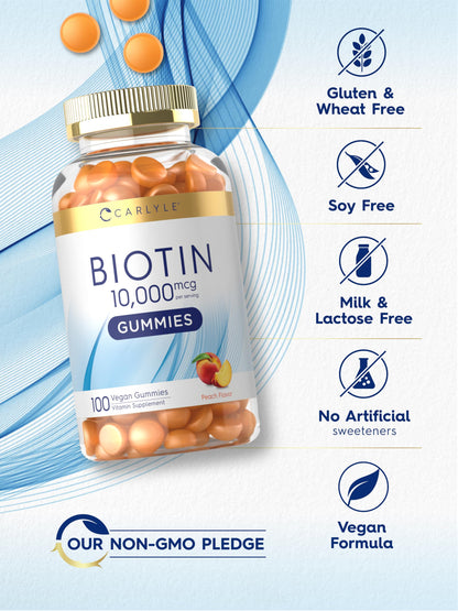Carlyle Biotin 10000mcg Gummies | 100 Count | Peach Flavor Supplement | Vegan, Non-GMO, Gluten Free