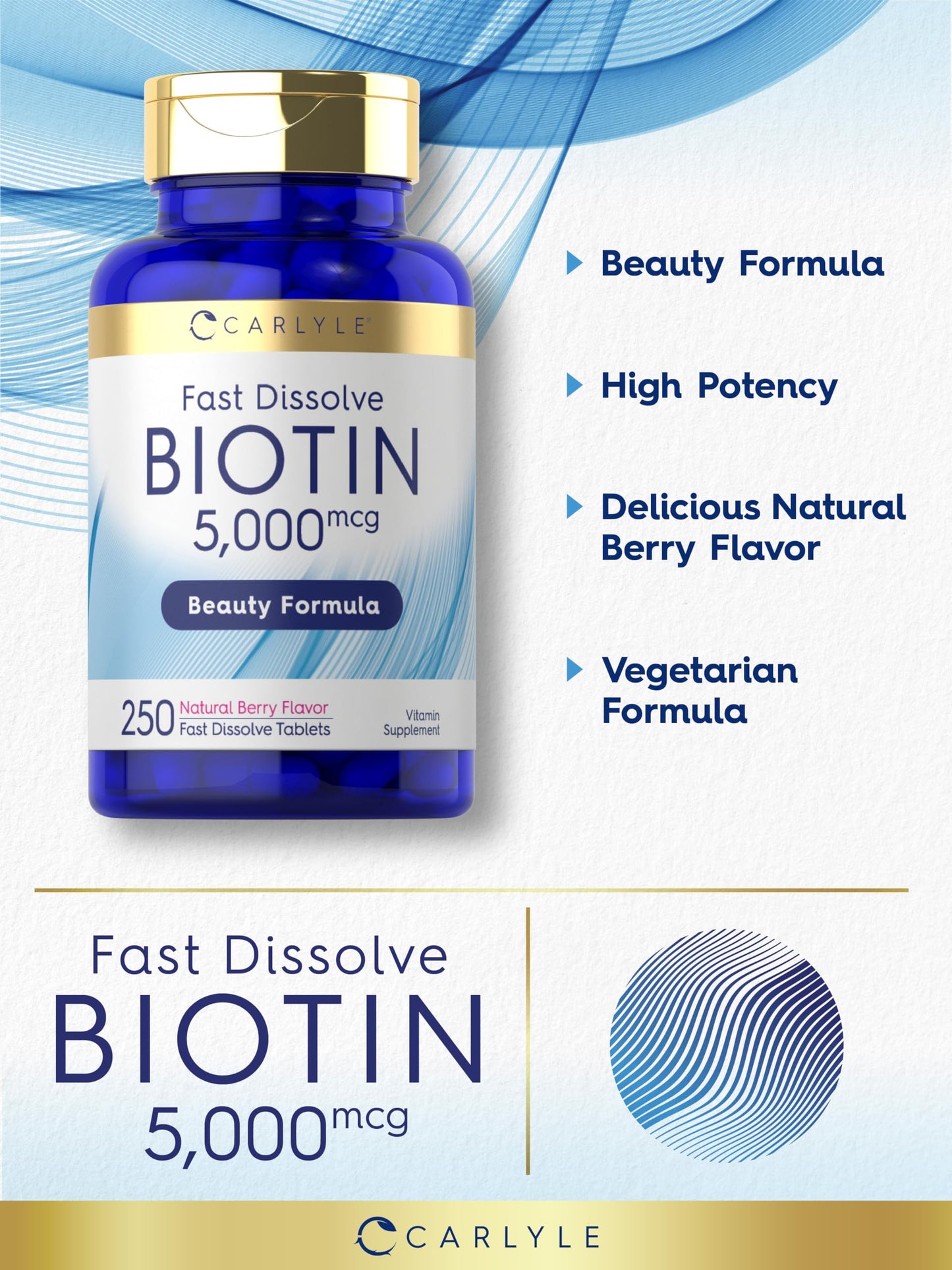 Carlyle Biotin 5000mcg – 250 Fast-Dissolve Tablets | Vegetarian, Non-GMO, Gluten Free