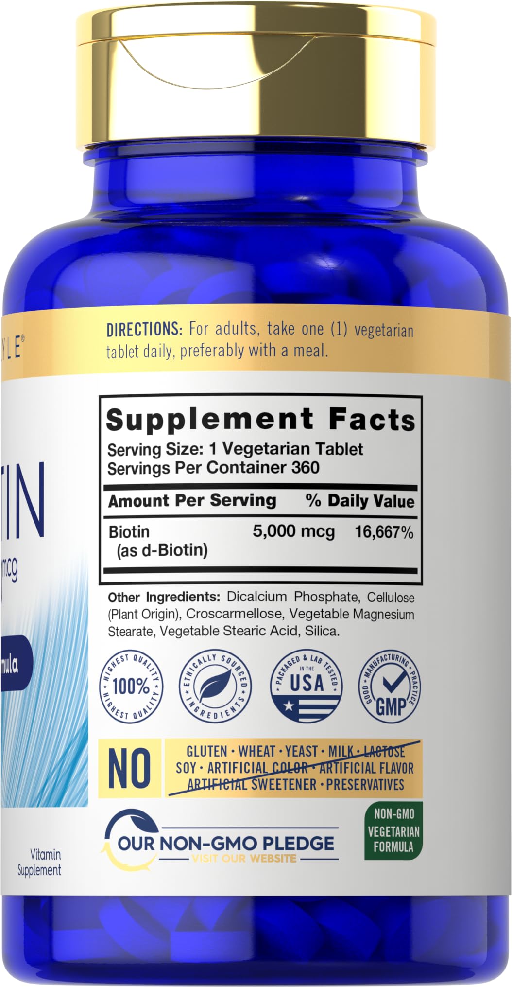 Carlyle Biotin 5000 mcg – 360 Vegetarian Tablets | Non-GMO, Gluten-Free