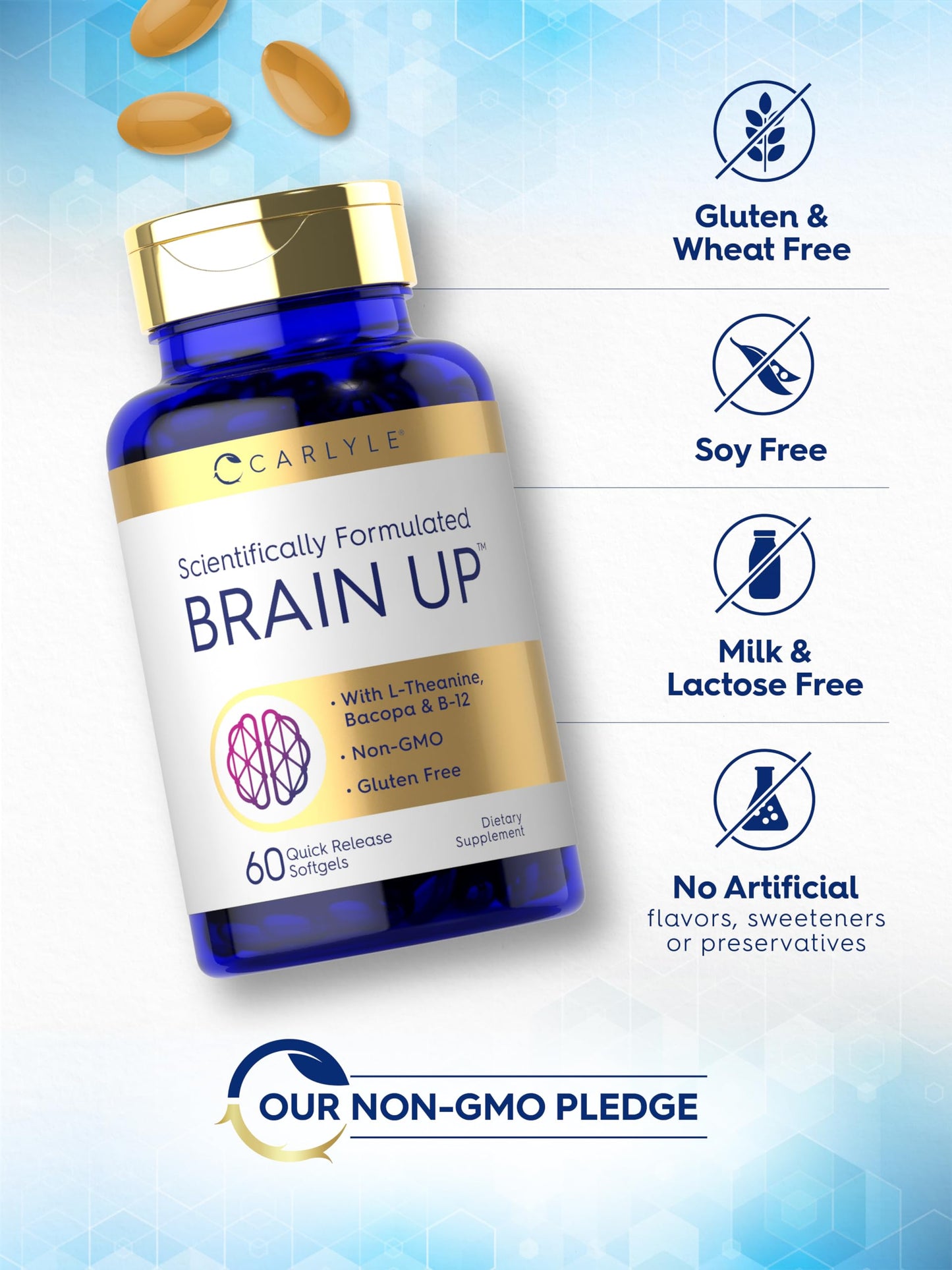 Carlyle Brain Up – 60 Softgels | L-Theanine, Bacopa & B-12 | Non-GMO, Gluten Free