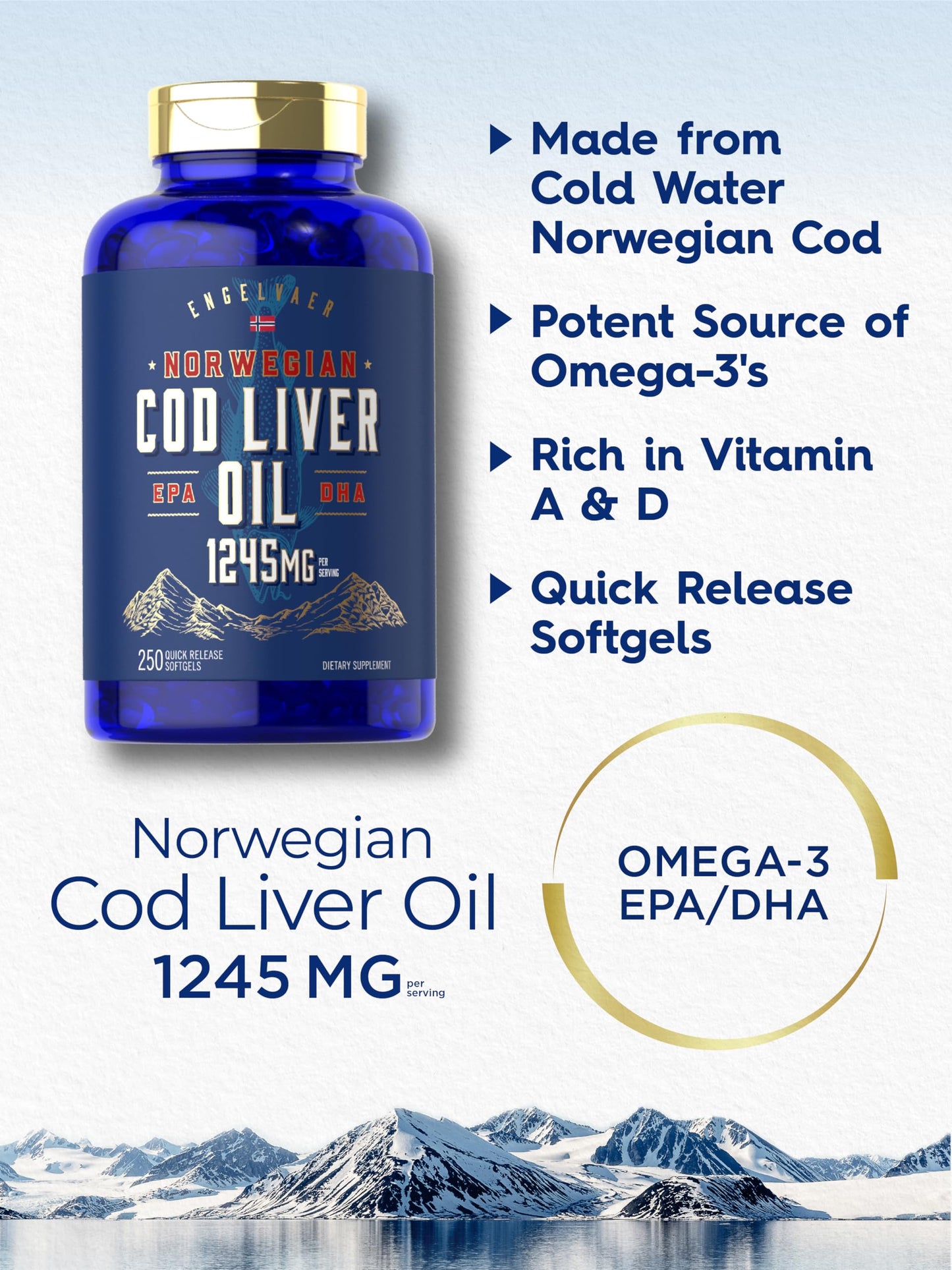 Carlyle Cod Liver Oil Softgels 1245mg – 250 Count – Norwegian, Non-GMO, Gluten Free