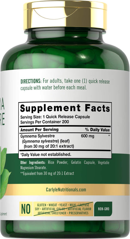 Carlyle Gymnema Sylvestre 600mg Capsules – 200 Count | Non-GMO & Gluten Free