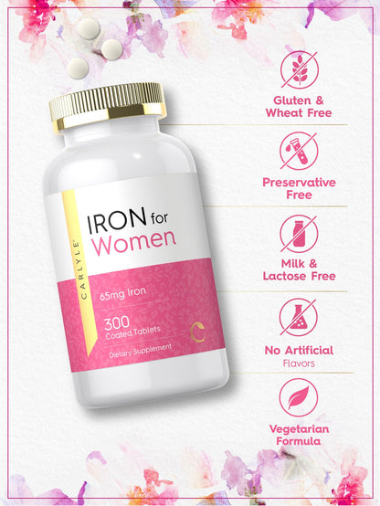 Carlyle Iron Supplement for Women 65mg | 300 Coated Tablets | Vegetarian, Non-GMO & Gluten Free