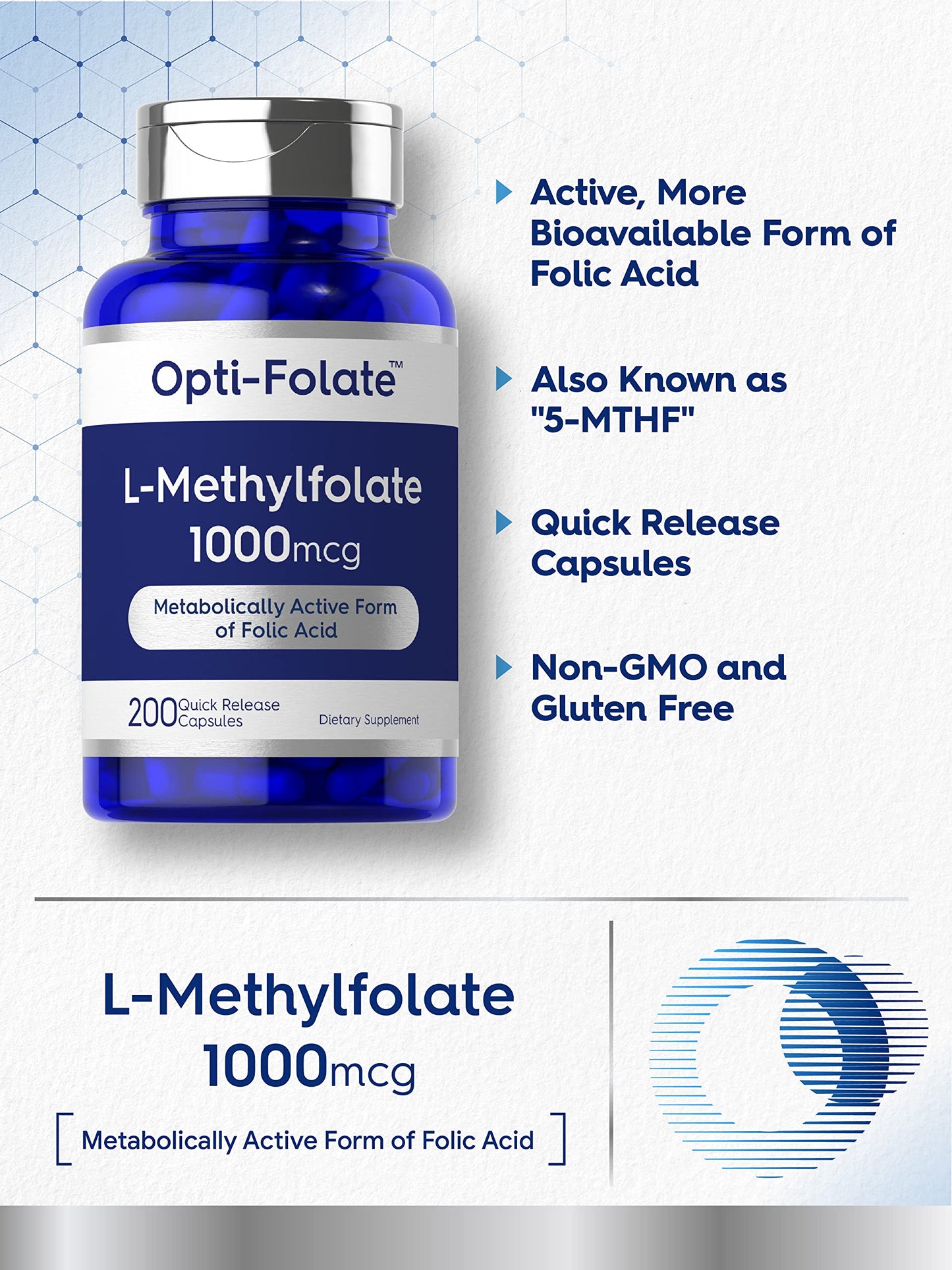 Carlyle L-Methylfolate 1000mcg | 200 Capsules | Opti-Folate – Non-GMO, Gluten Free | 5-MTHF Methyl Folate