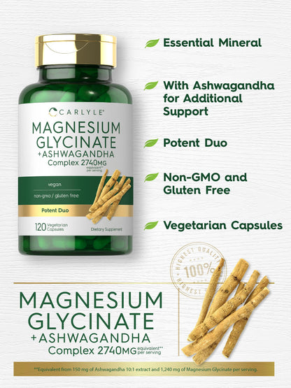 Carlyle Magnesium Glycinate with Ashwagandha | 2,740mg Complex | 120 Veg Capsules | Non-GMO & Gluten Free