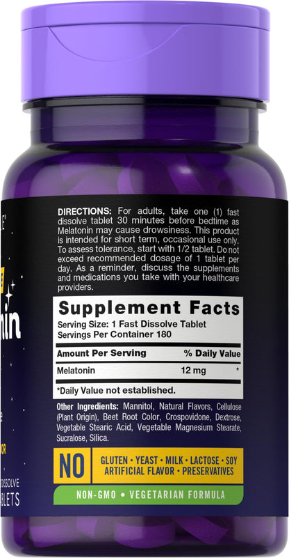 Carlyle Melatonin 12 mg Fast Dissolve – 180 Tablets | Berry Flavor, Gluten Free