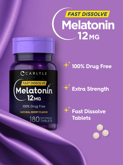Carlyle Melatonin 12 mg Fast Dissolve – 180 Tablets | Berry Flavor, Gluten Free