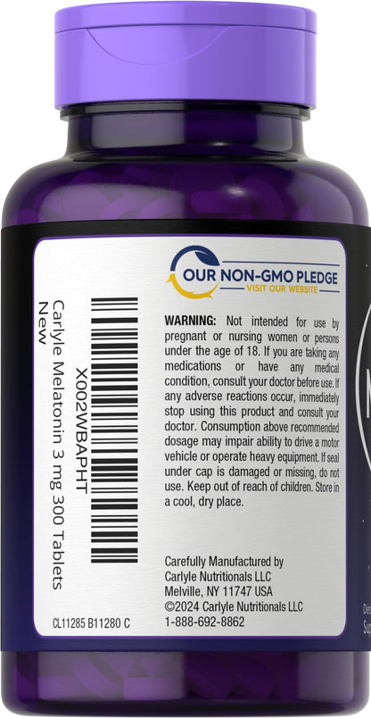 Carlyle Melatonin 3mg – 300 Tablets | Drug-Free, Gluten-Free, Vegetarian