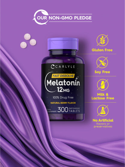 Carlyle Melatonin 12 mg Fast Dissolve – 300 Tablets | Berry Flavor | Drug Free, Vegetarian, Non-GMO, Gluten Free