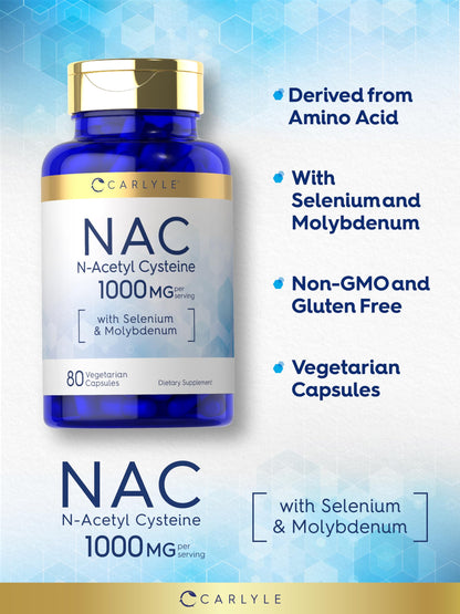 Carlyle NAC 1000mg N-Acetyl Cysteine - 80 Capsules | Vegetarian, Non-GMO, Gluten Free