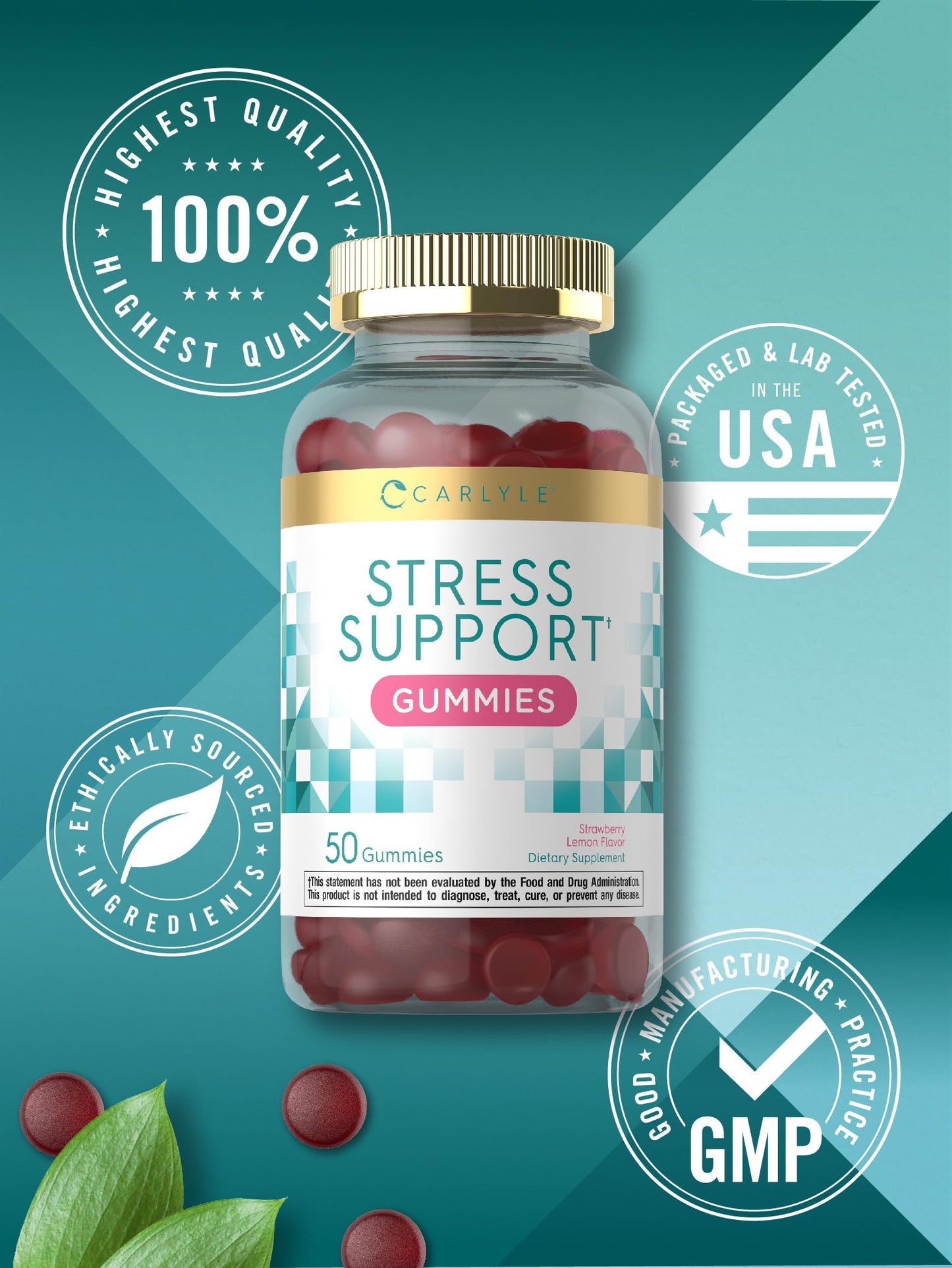 Carlyle Stress Support Gummies – 50 Count | GABA & L-Theanine | Strawberry Lemon | Non-GMO & Gluten Free
