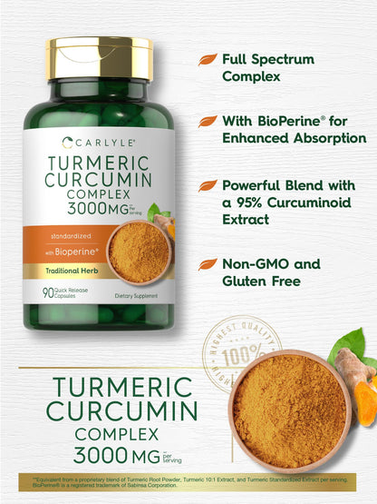 Carlyle Turmeric Curcumin 3000mg with Bioperine – 90 Capsules | Non-GMO, Gluten Free