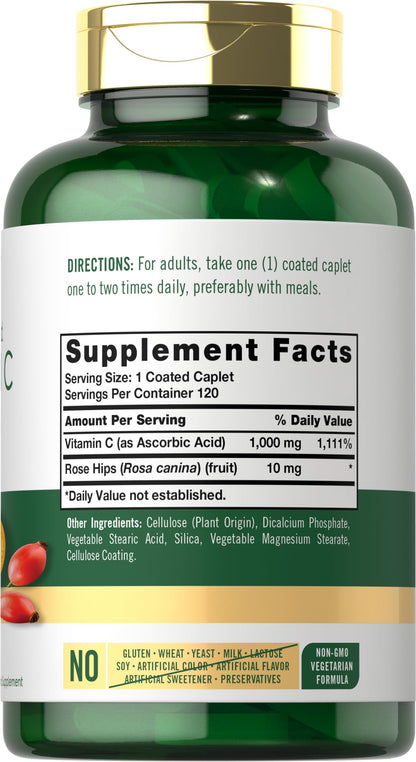 Carlyle Vitamin C 1000mg | Timed Release | 120 Vegetarian Caplets | Rose Hips | Non-GMO & Gluten Free