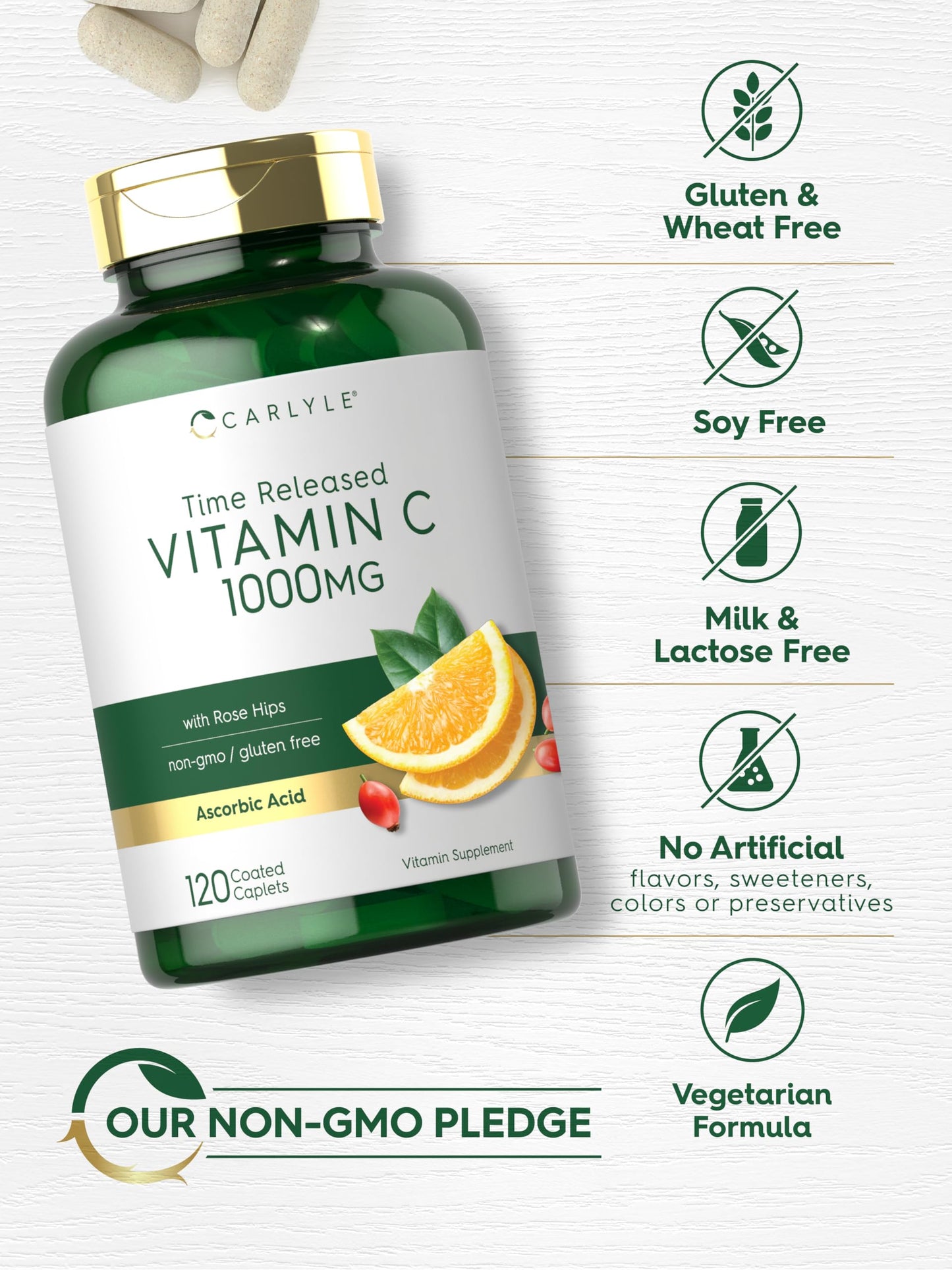 Carlyle Vitamin C 1000mg | Timed Release | 120 Vegetarian Caplets | Rose Hips | Non-GMO & Gluten Free