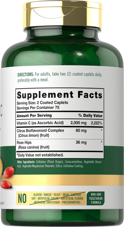 Carlyle Vitamin C 2000mg with Rose Hips – 150 Caplets | Vegetarian, Non-GMO, Gluten Free