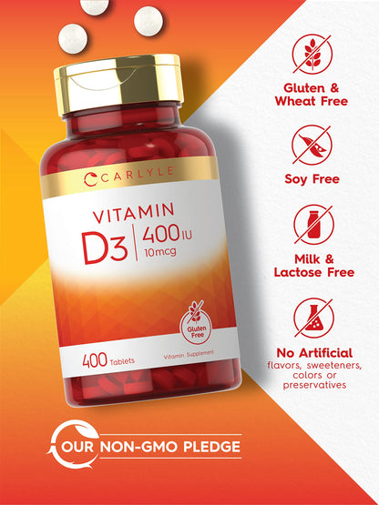 Carlyle Vitamin D3 400 IU (10 mcg) – 400 Tablets | Value Size | Vegetarian, Non-GMO, Gluten Free Formula | Vitamin D Supplement